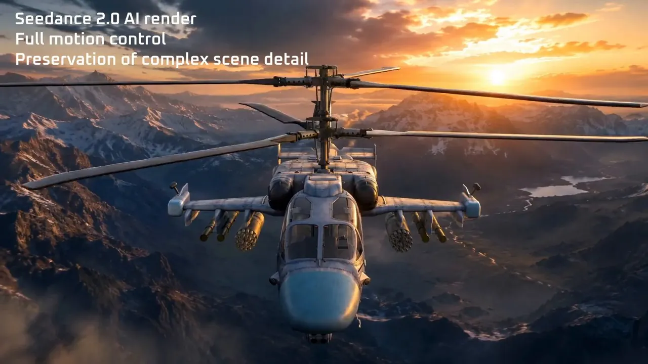 AI-rendered helicopter in a mountain valley at sunset