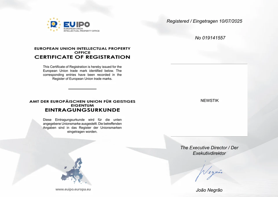 The first page of the original EUIPO registration certificate for the NEWSTIK trade mark